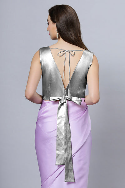 Ana Silver Satin Comfort Stretch Deep V Sleeveless Blouse with Bow