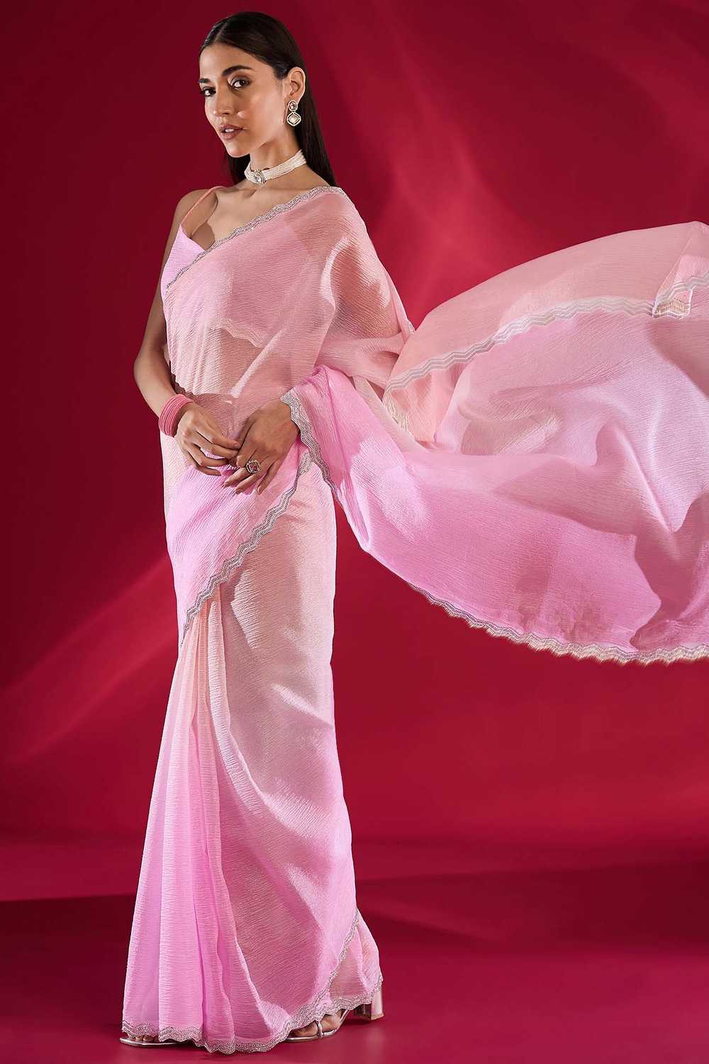 Pink Tissue Embellished Solid Ombre One Minute Saree - Ready to Wear