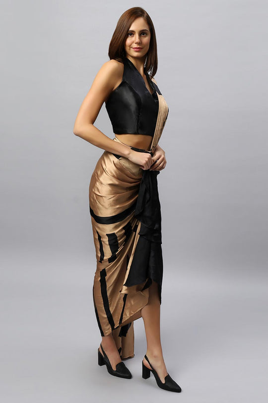 Tesha Camel & Black Satin Silk Sarong Saree