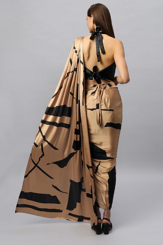 Tesha Camel & Black Satin Silk Sarong Saree