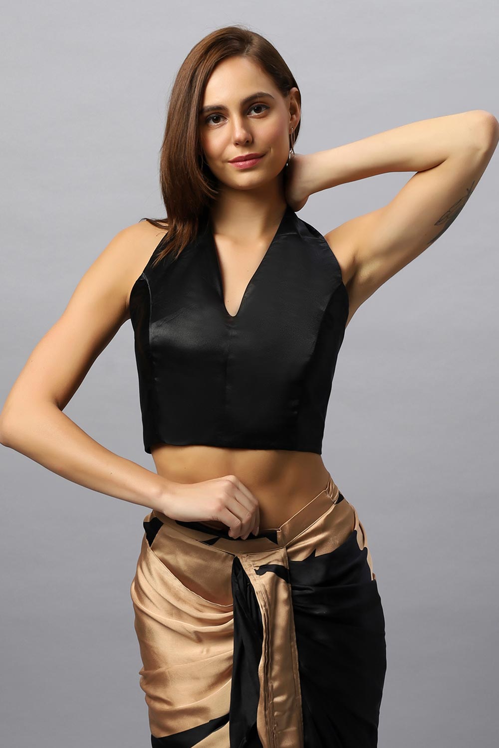 Tesha Camel & Black Satin Silk Sarong Saree