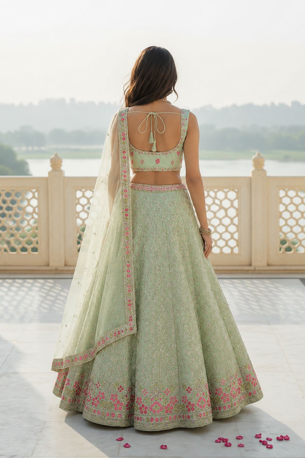Anushka Pastel Mint Green Georgette Zari Sequin Embroidery Ready to Wear Lehenga Saree