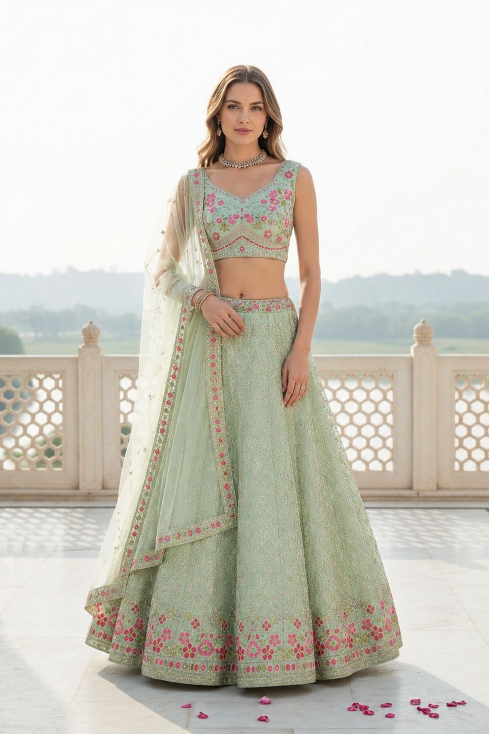 Anushka Pastel Mint Green Georgette Zari Sequin Embroidery Ready to Wear Lehenga Saree