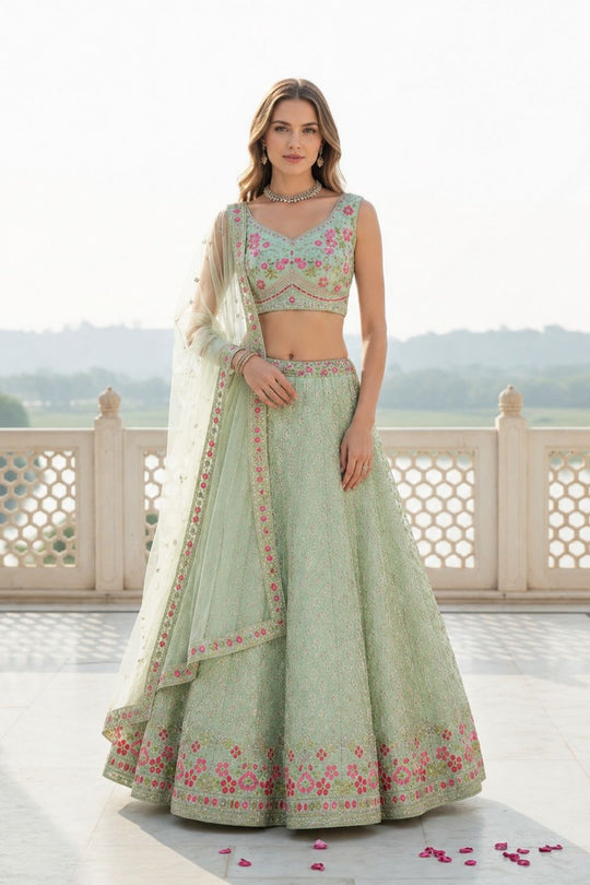 Anushka Pastel Mint Green Georgette Zari Sequin Embroidery Ready to Wear Lehenga Saree