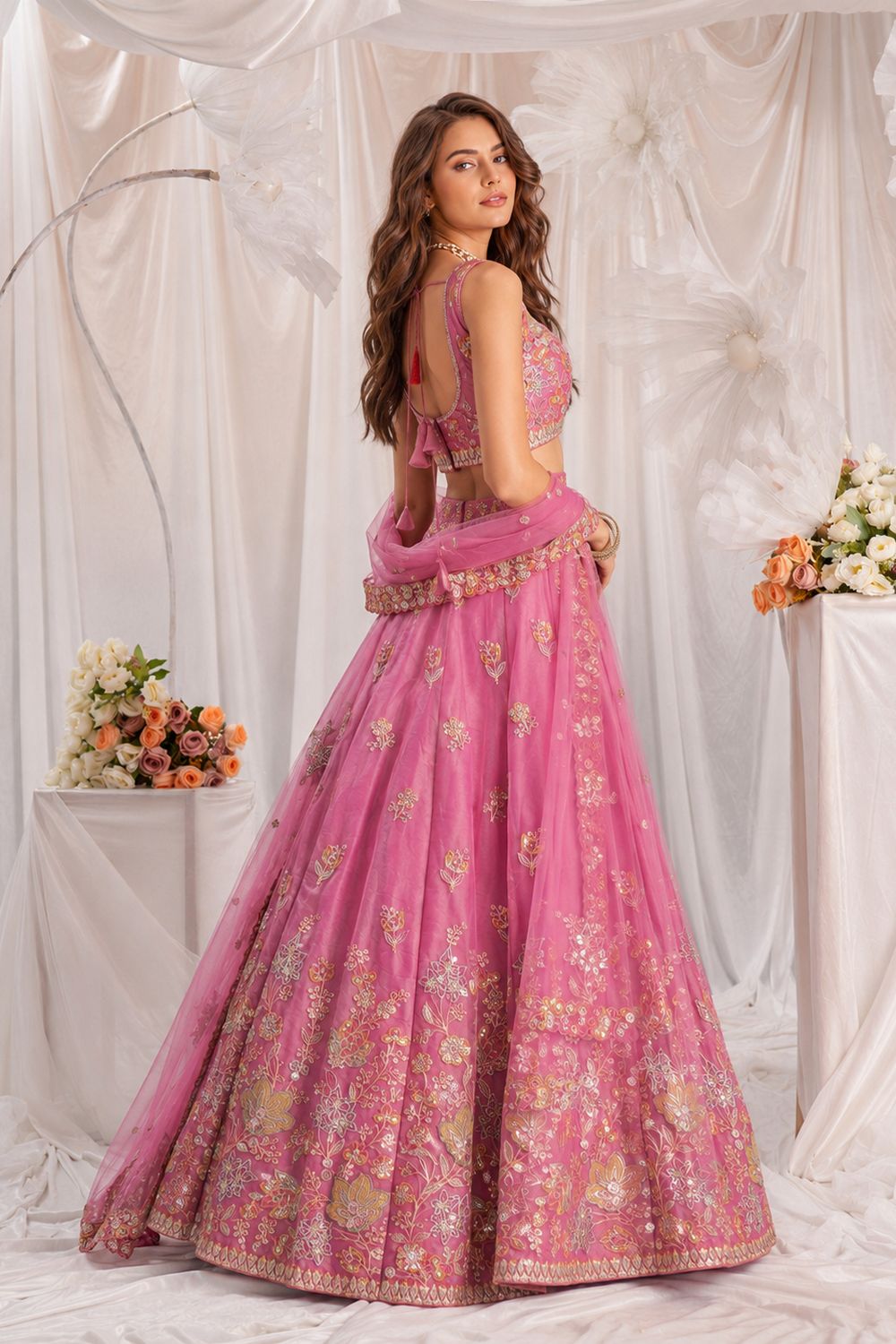 Meena Pink Zari & Floral Sequins Lehenga Saree