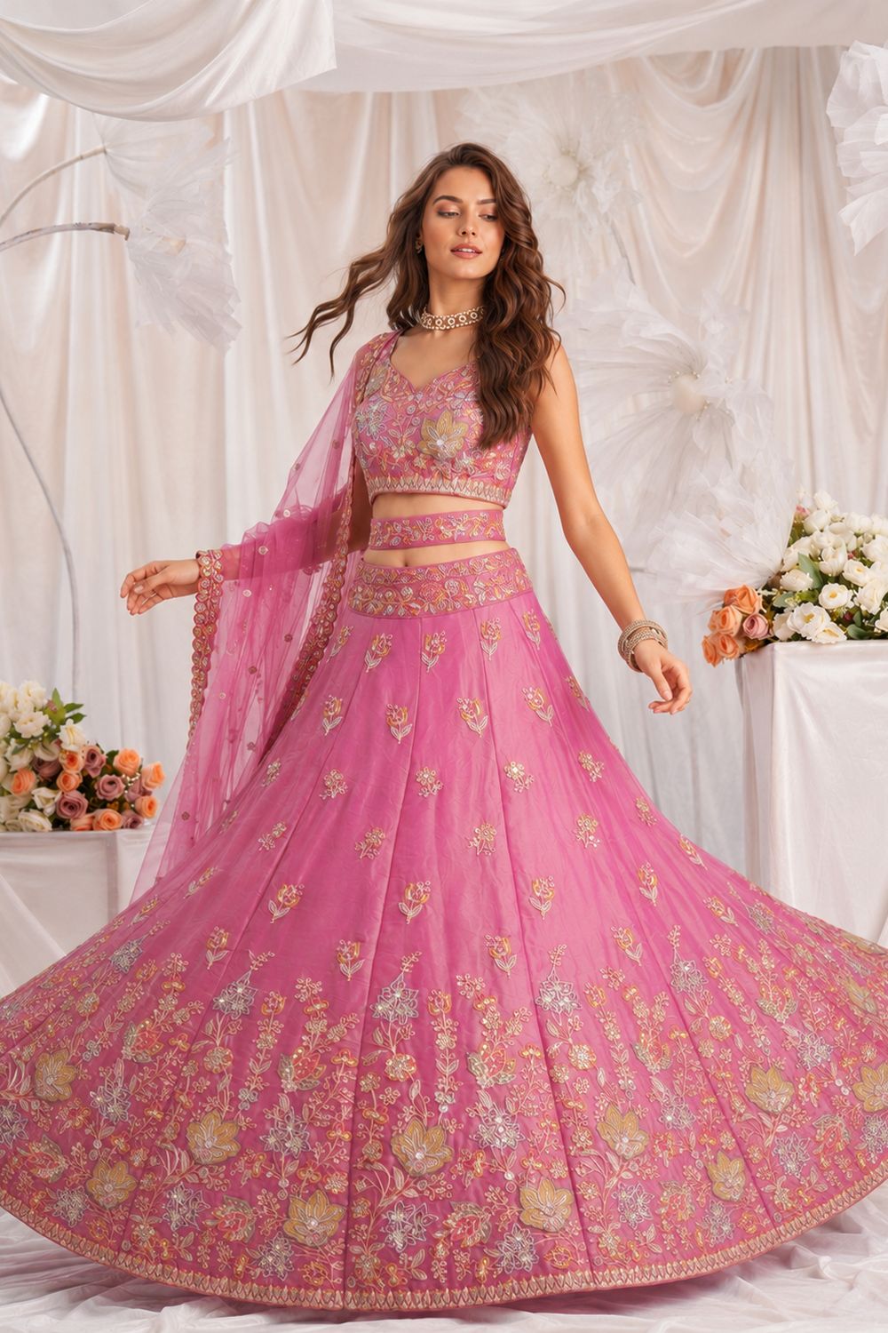 Meena Pink Zari &amp; Floral Sequins Lehenga Saree