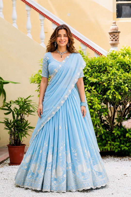 Tina Light Blue Faux Georgette Multi Sequin Embroidery Ready to Wear Lehenga Saree