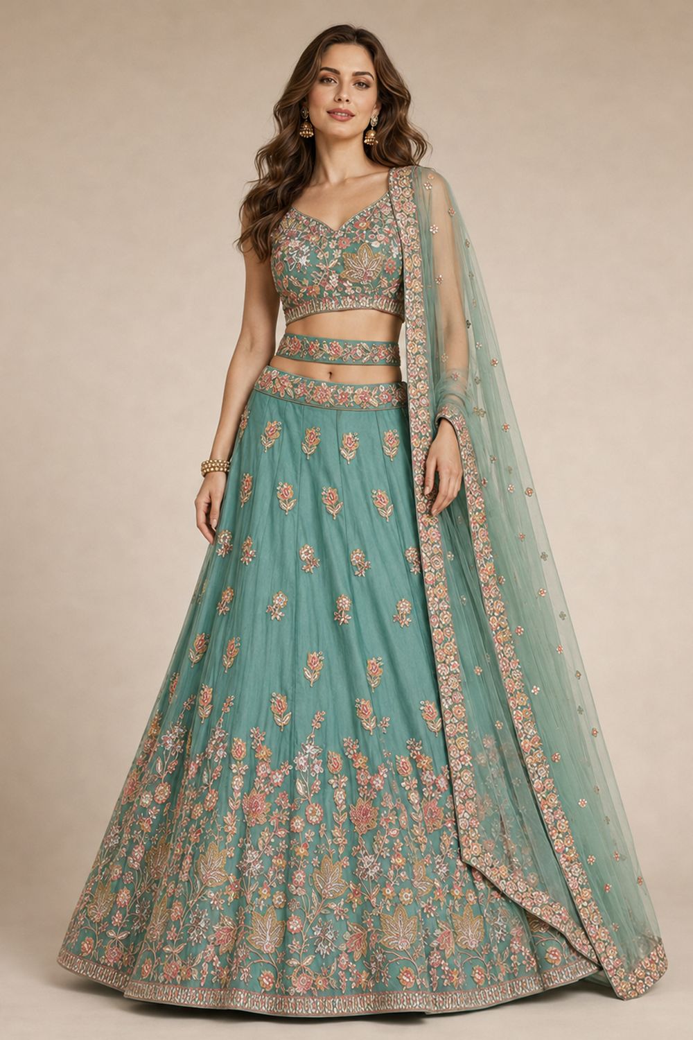 Meena Sea Green Zari &amp; Floral Embroidered Ready to Wear Lehenga Saree