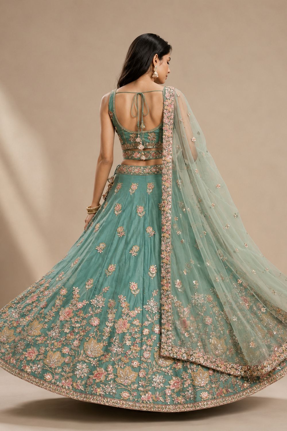 Meena Sea Green Zari &amp; Floral Embroidered Ready to Wear Lehenga Saree