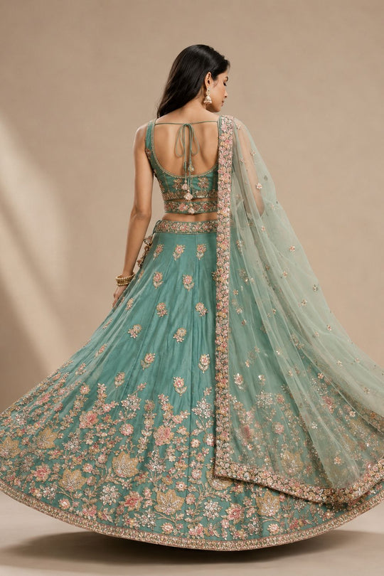 Meena Sea Green Zari &amp; Floral Embroidered Ready to Wear Lehenga Saree