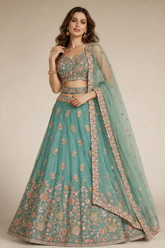 Meena Sea Green Zari &amp; Floral Embroidered Ready to Wear Lehenga Saree