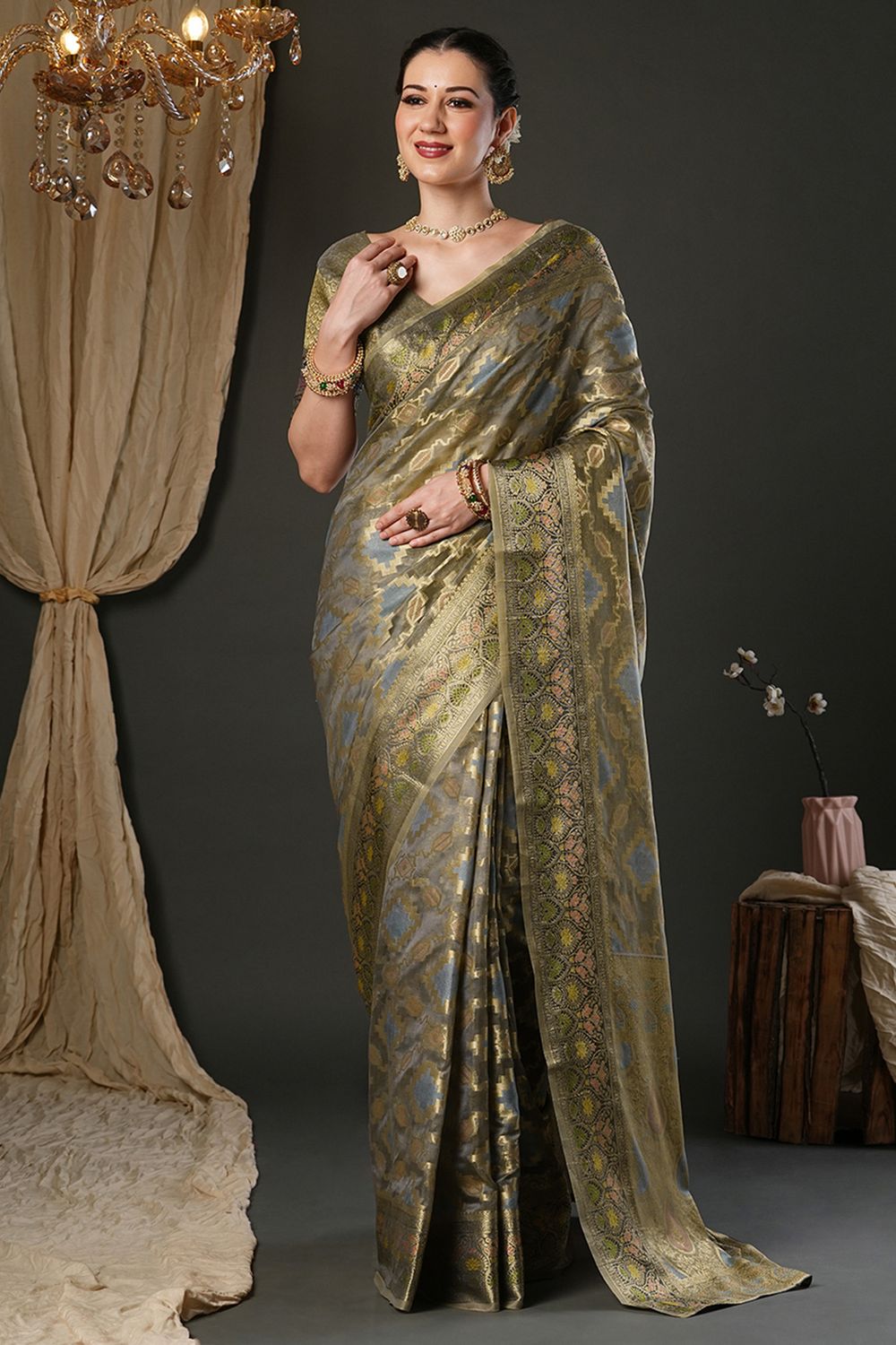 Natalia Olive Organza Woven Design Zari Work Ready To Wear One Minute Saree