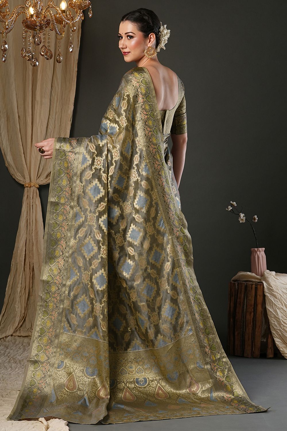 Natalia Olive Organza Woven Design Zari Work Ready To Wear One Minute Saree