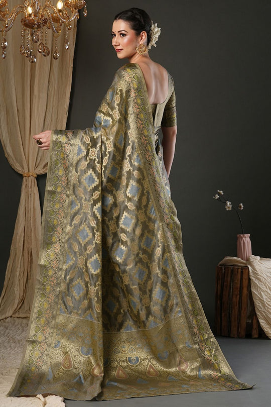 Natalia Olive Organza Woven Design Zari Work Ready To Wear One Minute Saree