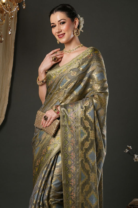 Natalia Olive Organza Woven Design Zari Work Ready To Wear One Minute Saree