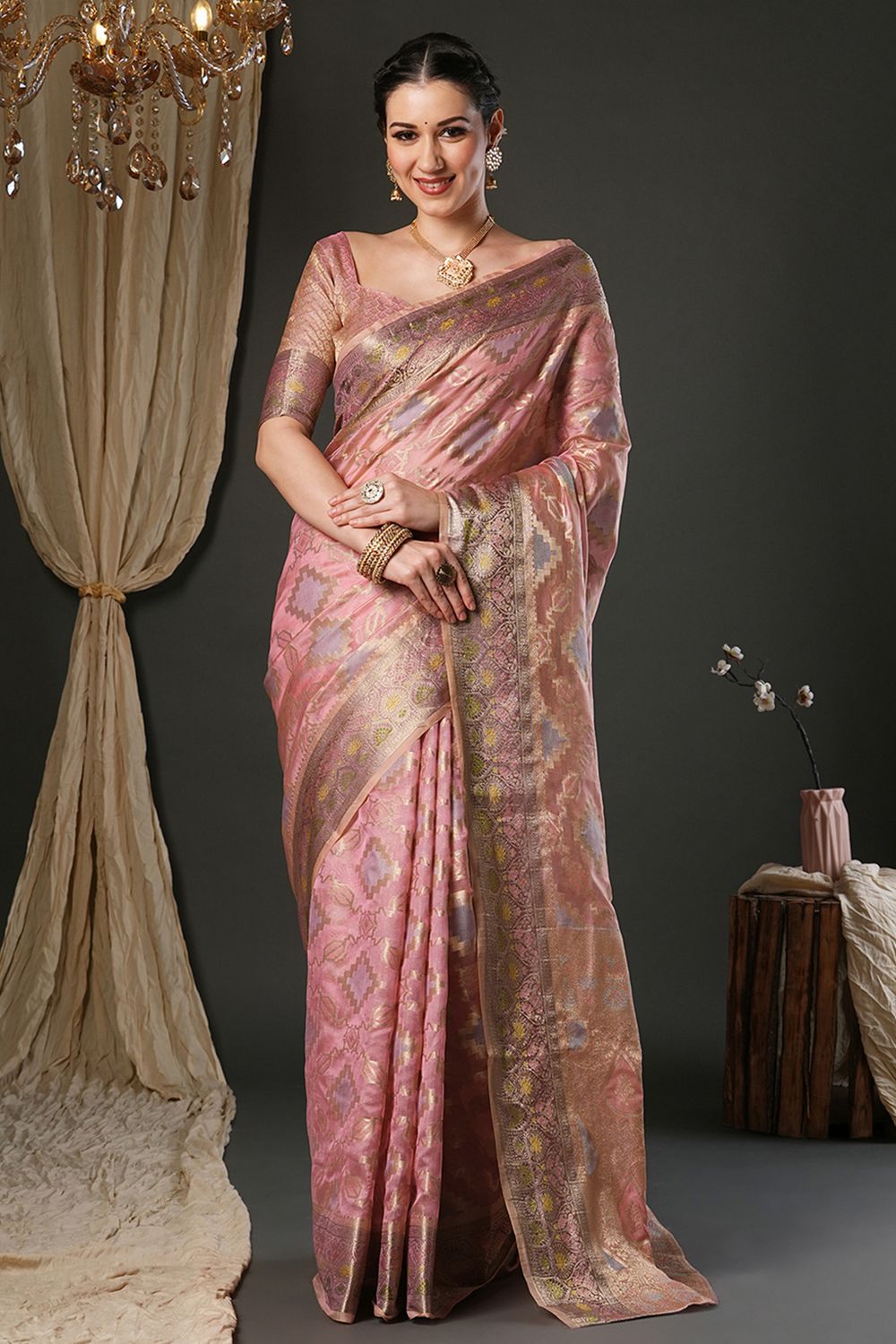 Natalia Pink Organza Woven Design Zari Work Ready To Wear One Minute Saree