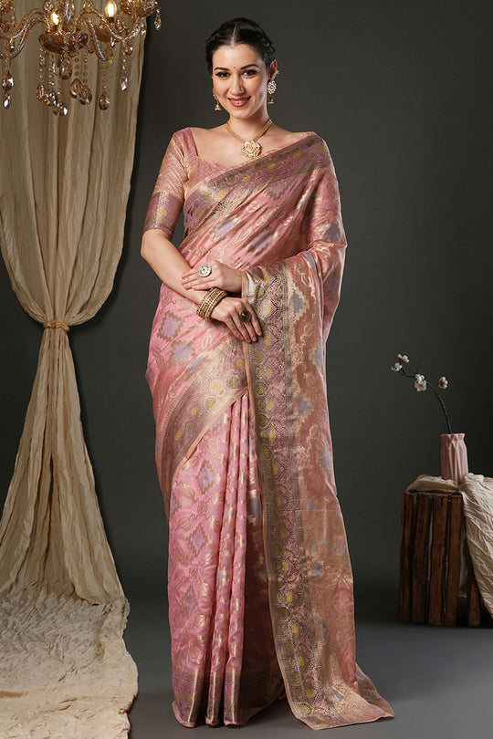 Natalia Pink Organza Woven Design Zari Work Ready To Wear One Minute Saree