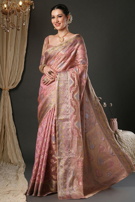 Natalia Pink Organza Woven Design Zari Work Ready To Wear One Minute Saree
