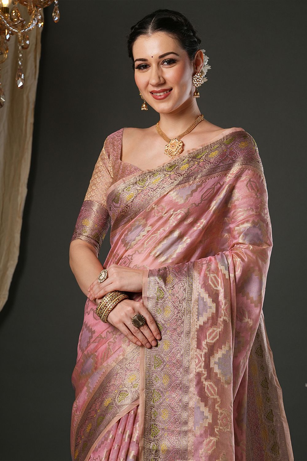 Natalia Pink Organza Woven Design Zari Work Ready To Wear One Minute Saree