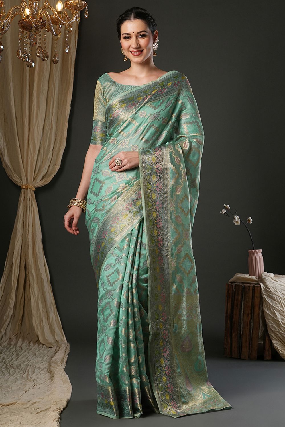 Natalia Mint Green Organza Woven Design Zari Work Ready To Wear One Minute Saree