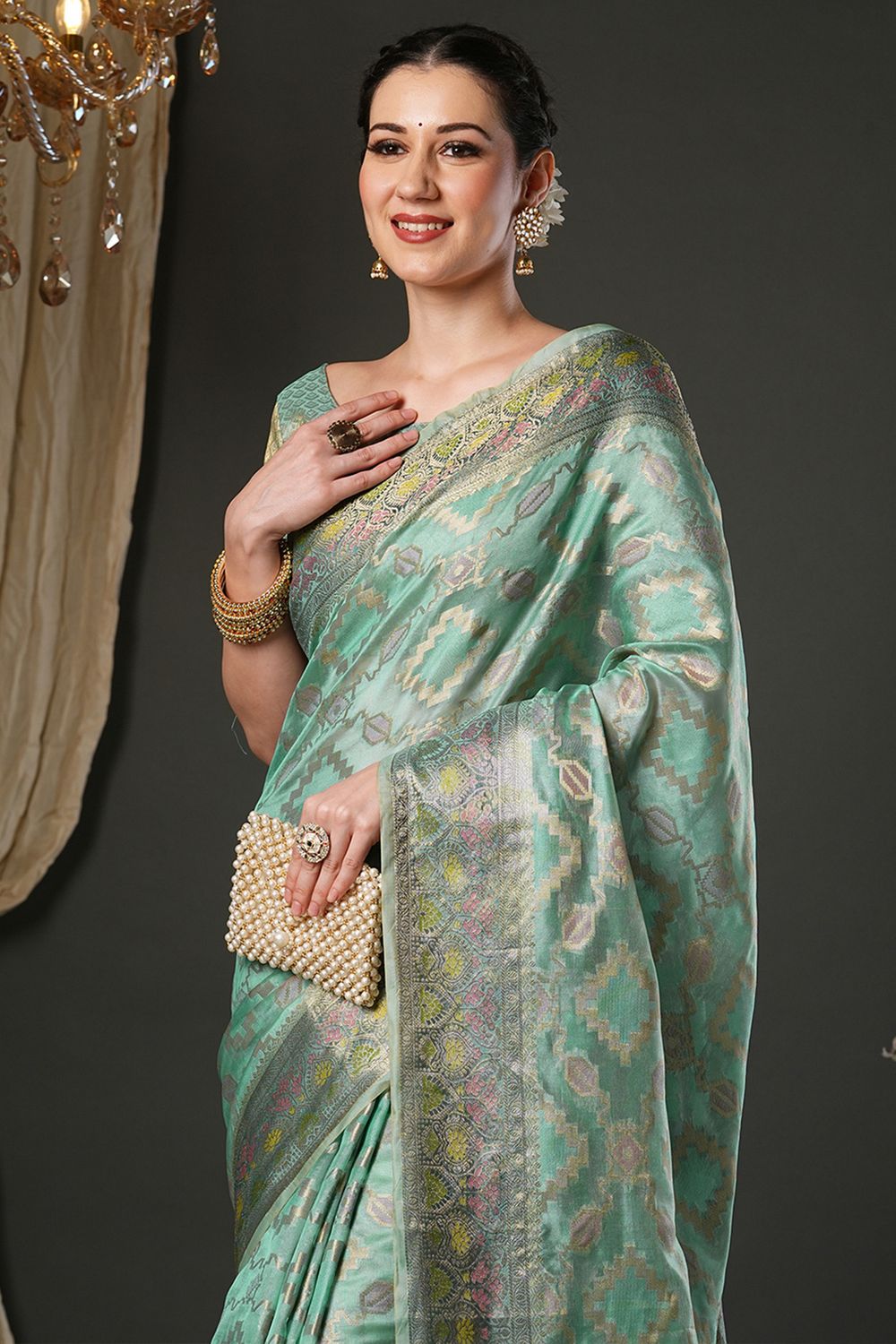 Natalia Mint Green Organza Woven Design Zari Work Ready To Wear One Minute Saree