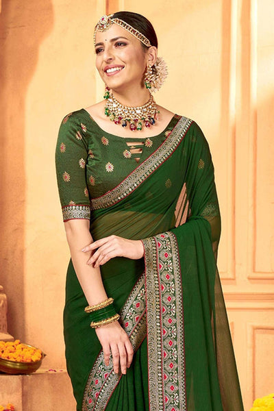 Dory Dark Green Georgette Embellished  Designer One Min Saree