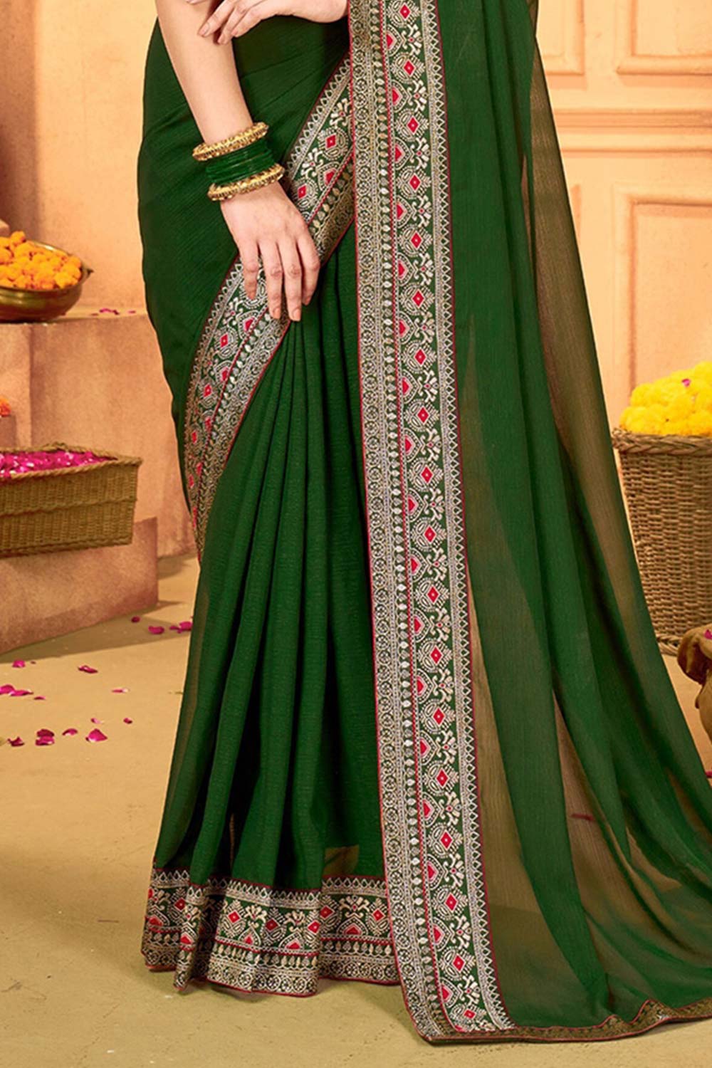 Dory Dark Green Georgette Embellished  Designer One Min Saree