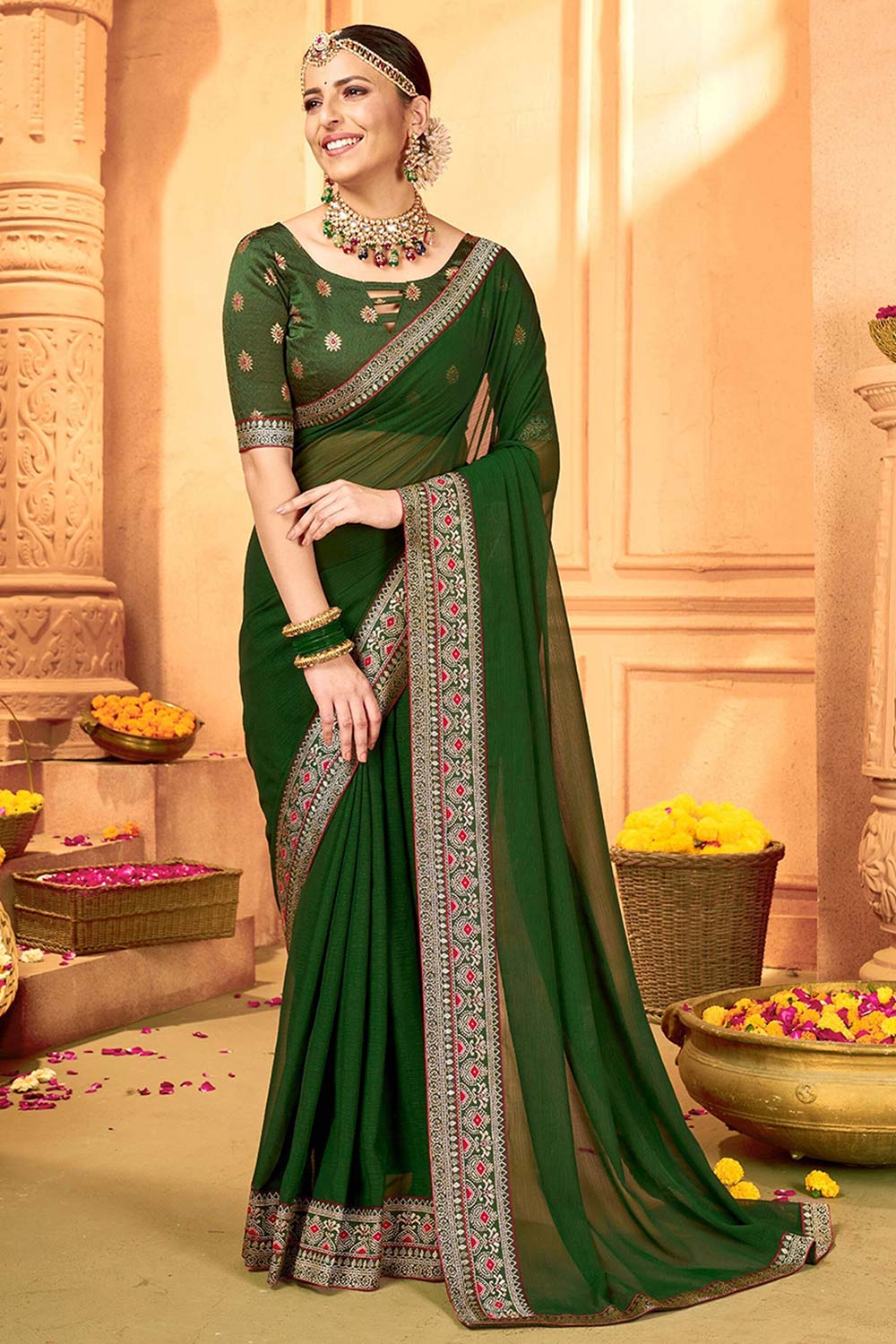 Dory Dark Green Georgette Embellished  Designer One Min Saree