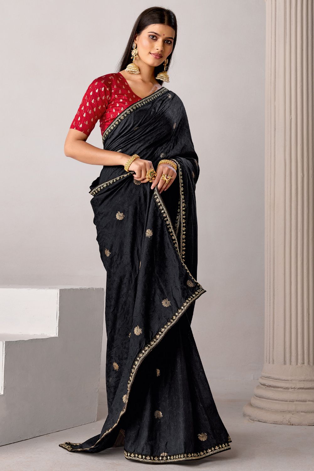 Sandie Black Silk Floral Woven Ready to Wear Saree