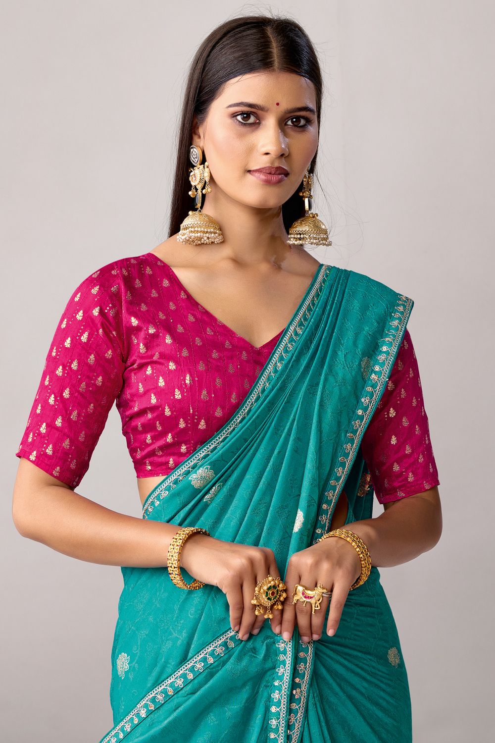 Sandie Teal Green Silk Floral Woven Ready to Wear Saree