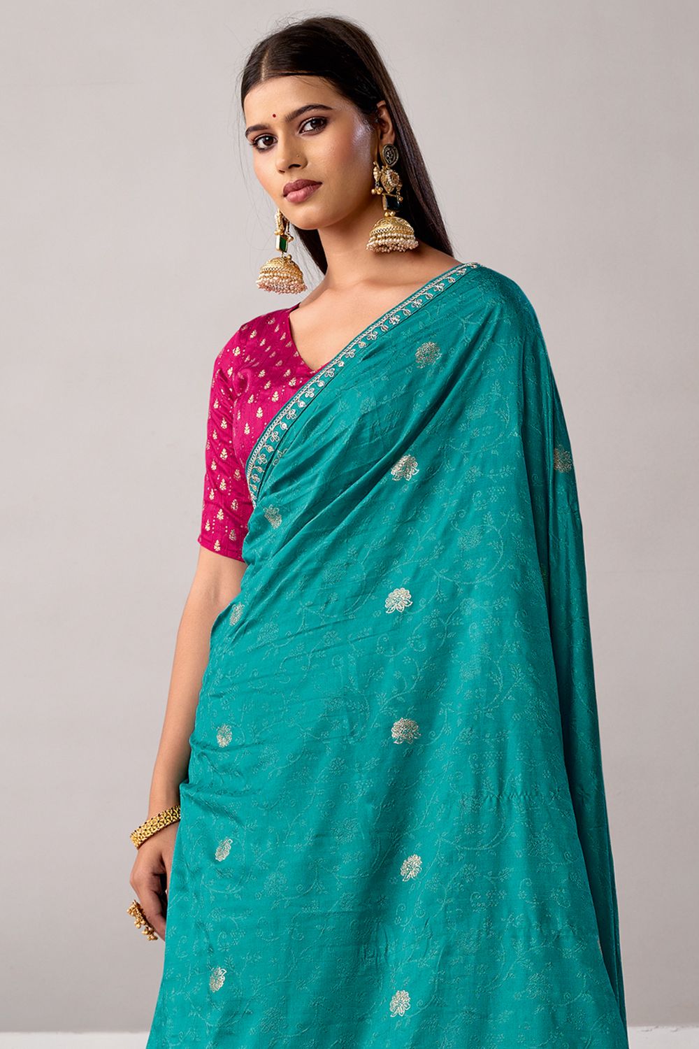Sandie Teal Green Silk Floral Woven Ready to Wear Saree