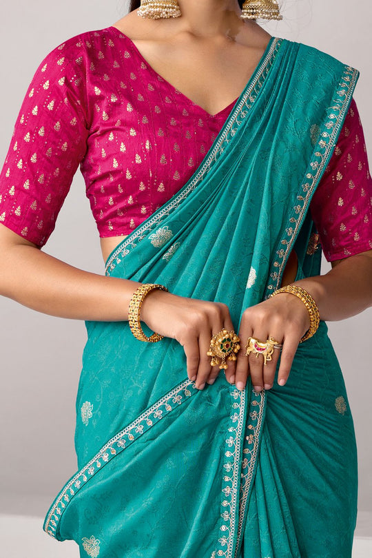 Sandie Teal Green Silk Floral Woven Ready to Wear Saree