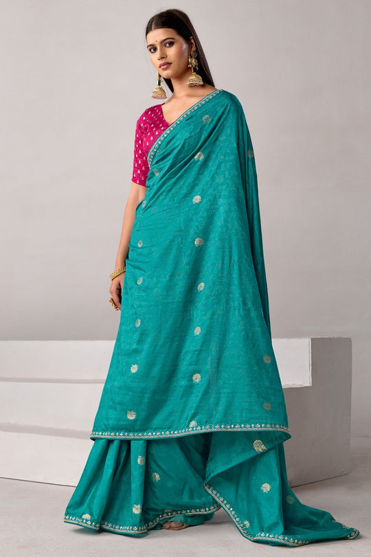 Sandie Teal Green Silk Floral Woven Ready to Wear Saree