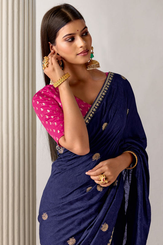 Sandie Navy Blue Silk Floral Woven Ready to Wear Saree