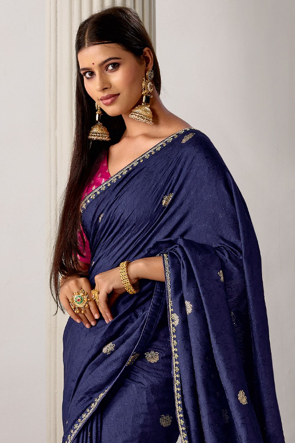 Sandie Navy Blue Silk Floral Woven Ready to Wear Saree