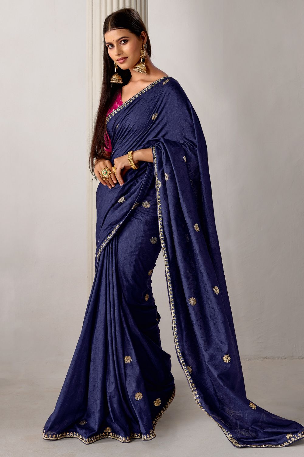 Sandie Navy Blue Silk Floral Woven Ready to Wear Saree