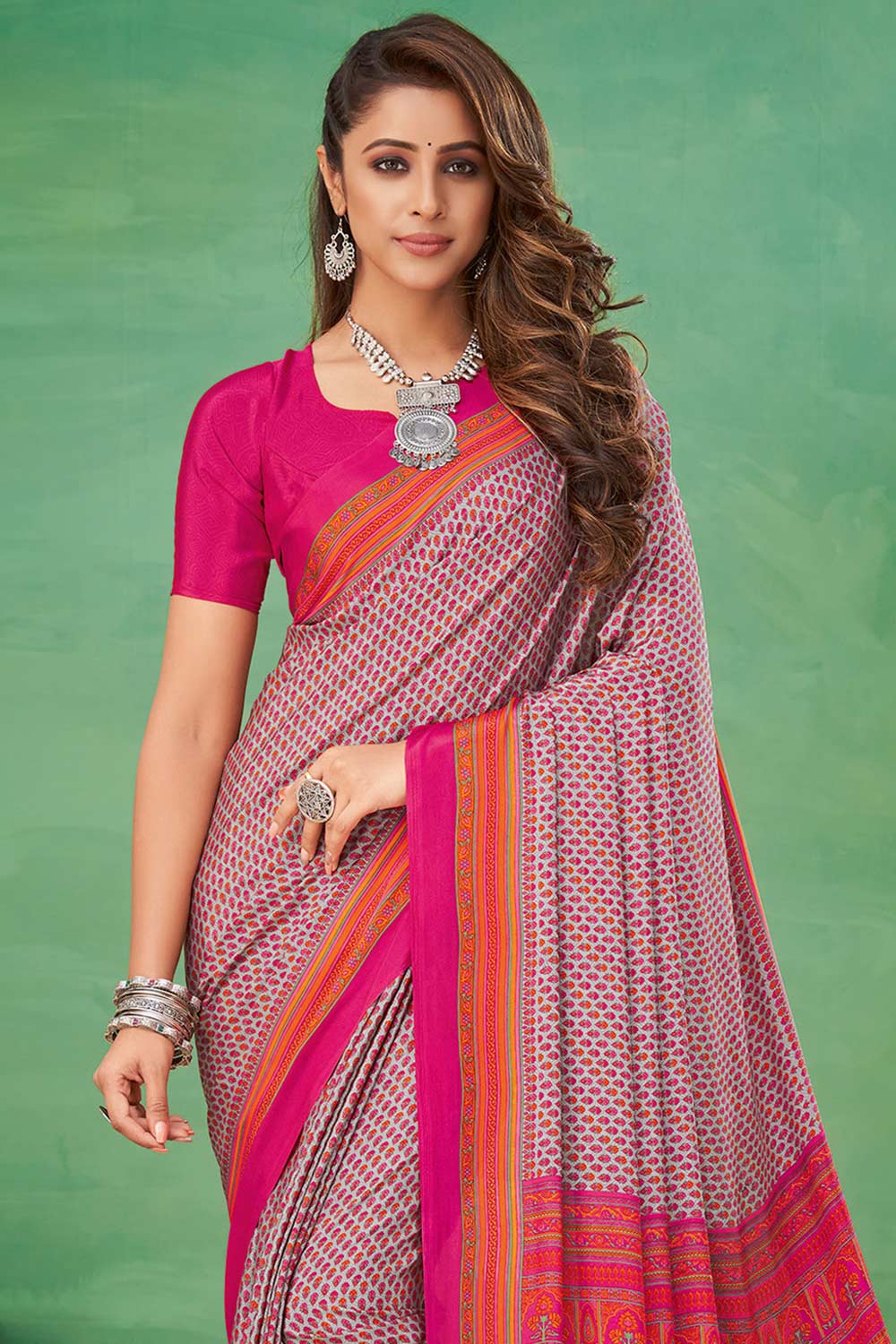 Tesha Grey Chiffon Printed One Minute Saree