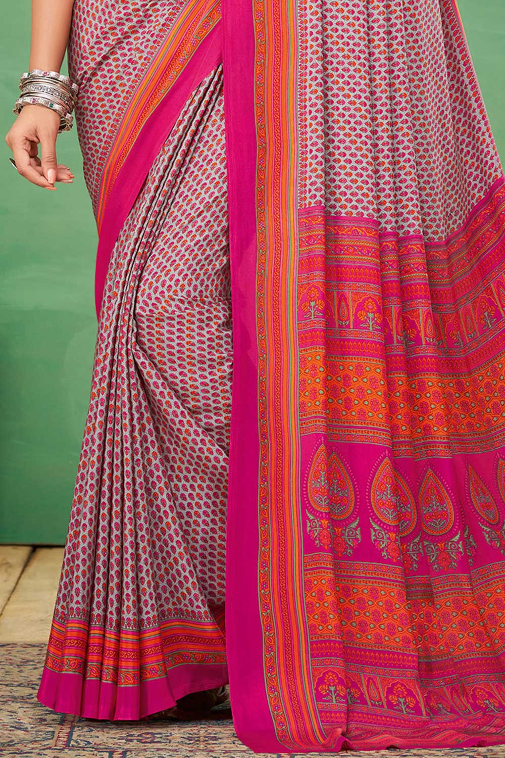 Tesha Grey Chiffon Printed One Minute Saree