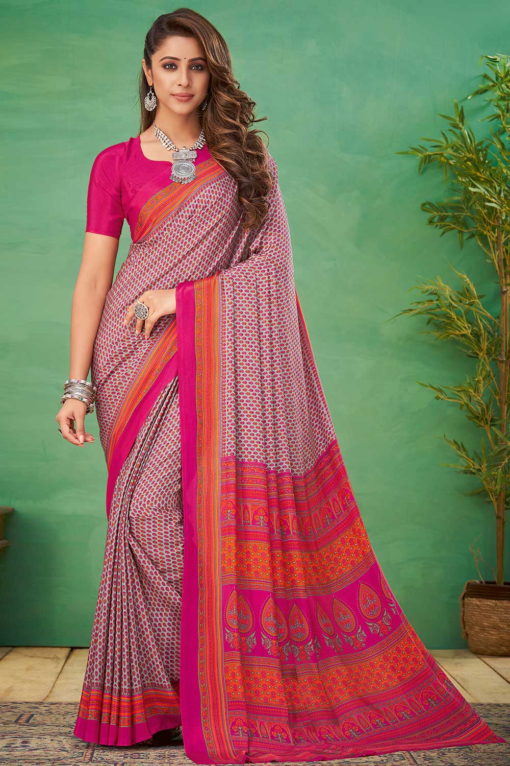 Tesha Grey Chiffon Printed One Minute Saree