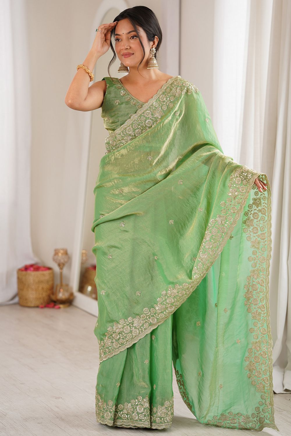 Aurora Green Satin Sequins Embellished Ready to Wear Saree