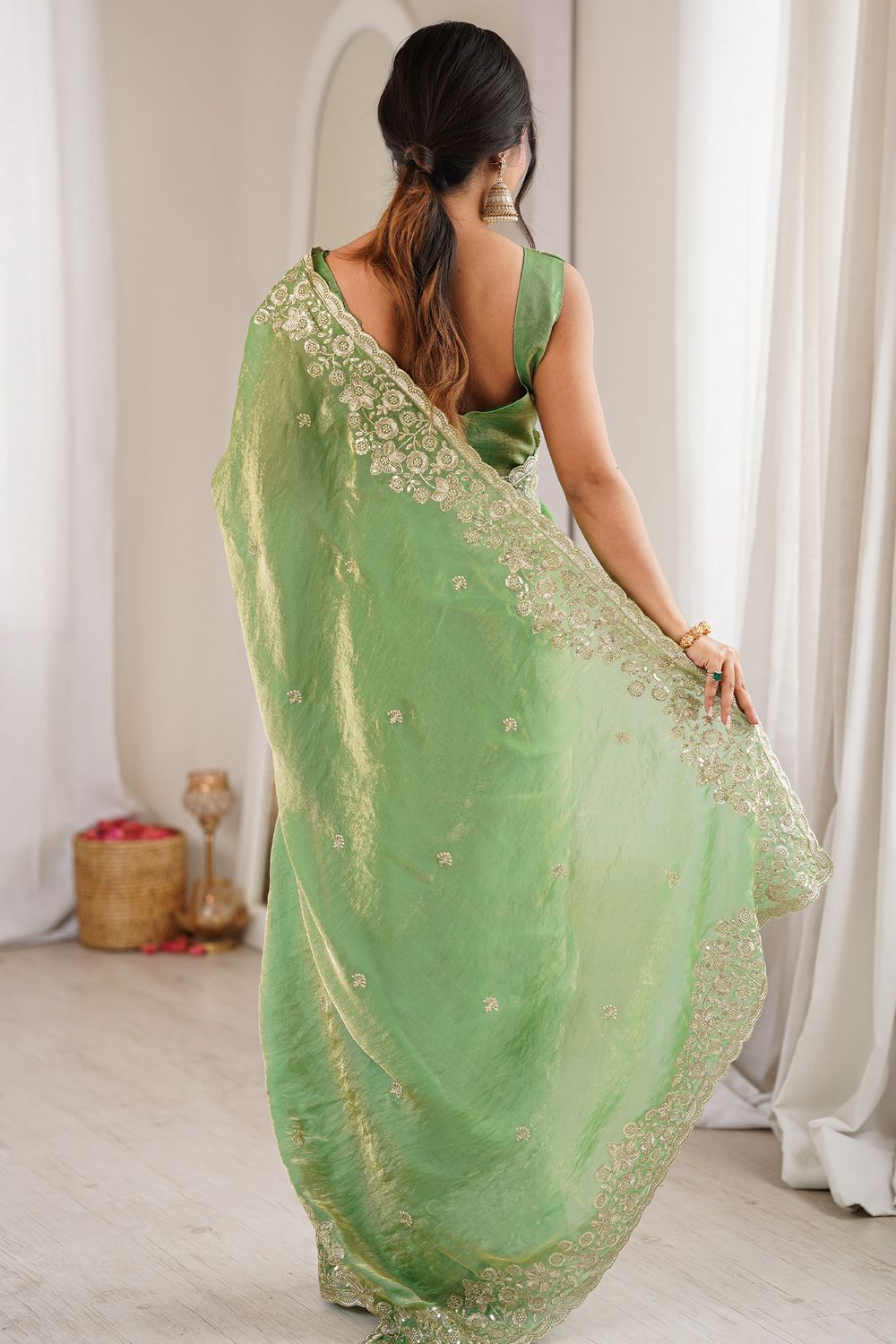 Aurora Green Satin Sequins Embellished Ready to Wear Saree
