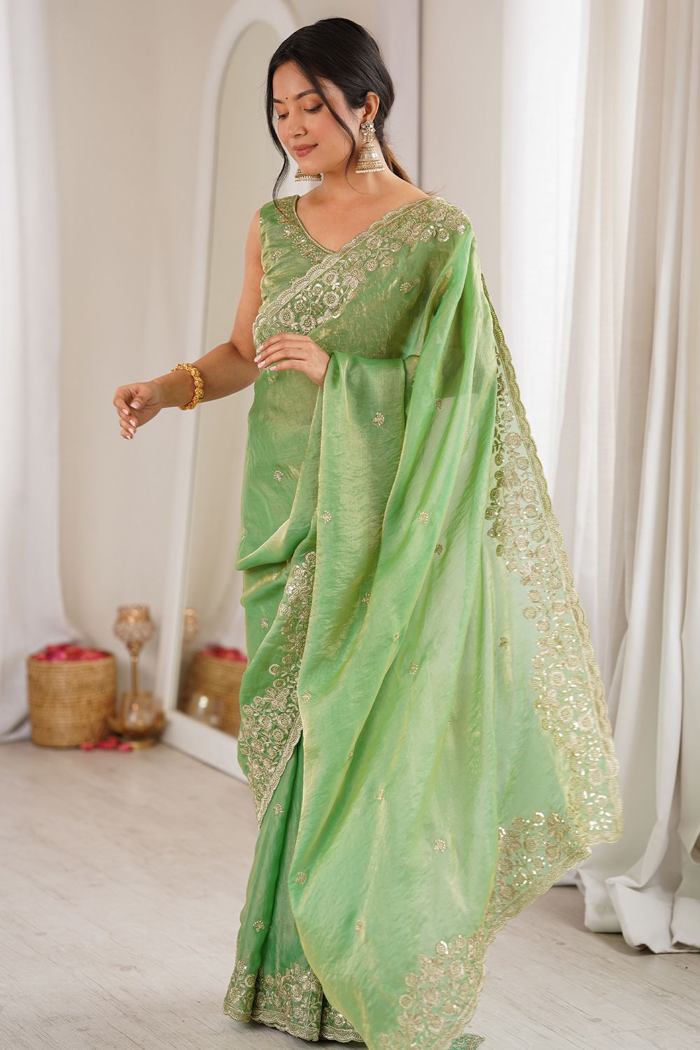 Aurora Green Satin Sequins Embellished Ready to Wear Saree