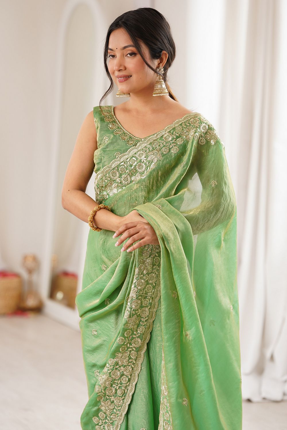 Aurora Green Satin Sequins Embellished Ready to Wear Saree