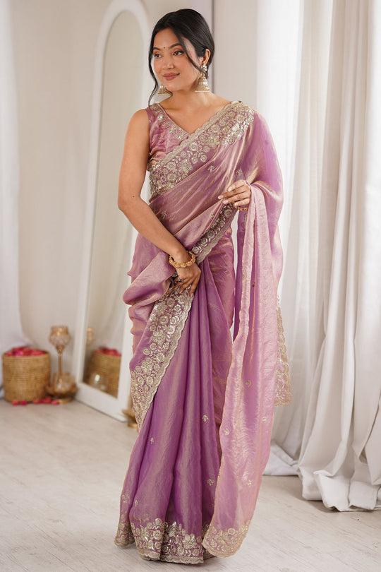 Aurora Lavender Satin Sequins Embellished Ready to Wear Saree