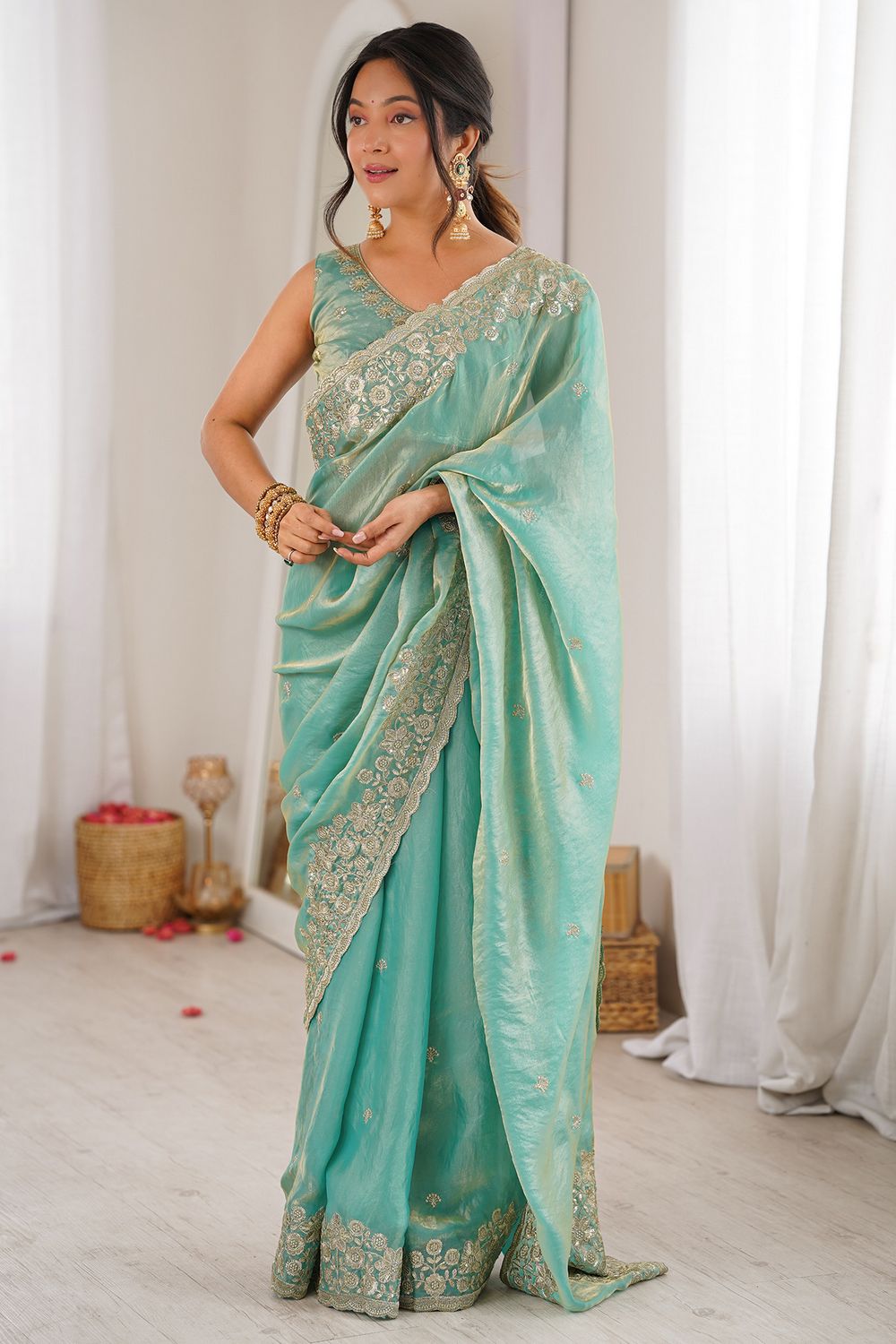 Aurora Aqua Green Satin Sequins Embellished Ready to Wear Saree