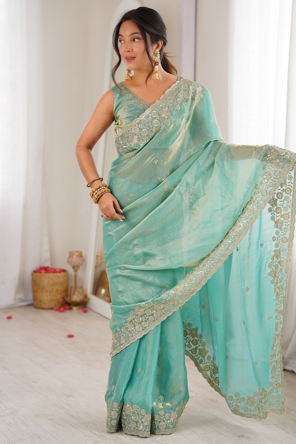 Aurora Aqua Green Satin Sequins Embellished Ready to Wear Saree