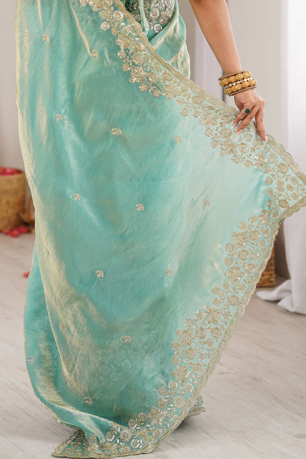 Aurora Aqua Green Satin Sequins Embellished Ready to Wear Saree