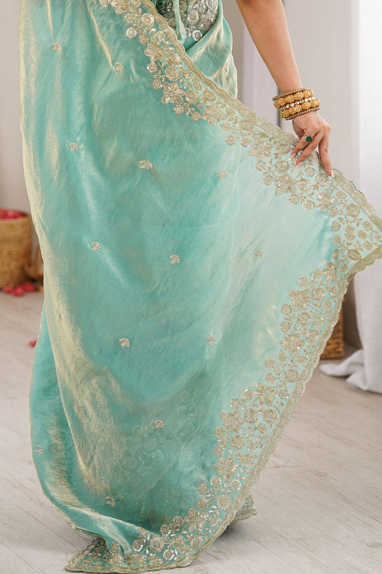 Aurora Aqua Green Satin Sequins Embellished Ready to Wear Saree