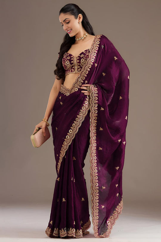 Mumtaz Wine Tissue Gold Embroidered Ready to Wear Saree