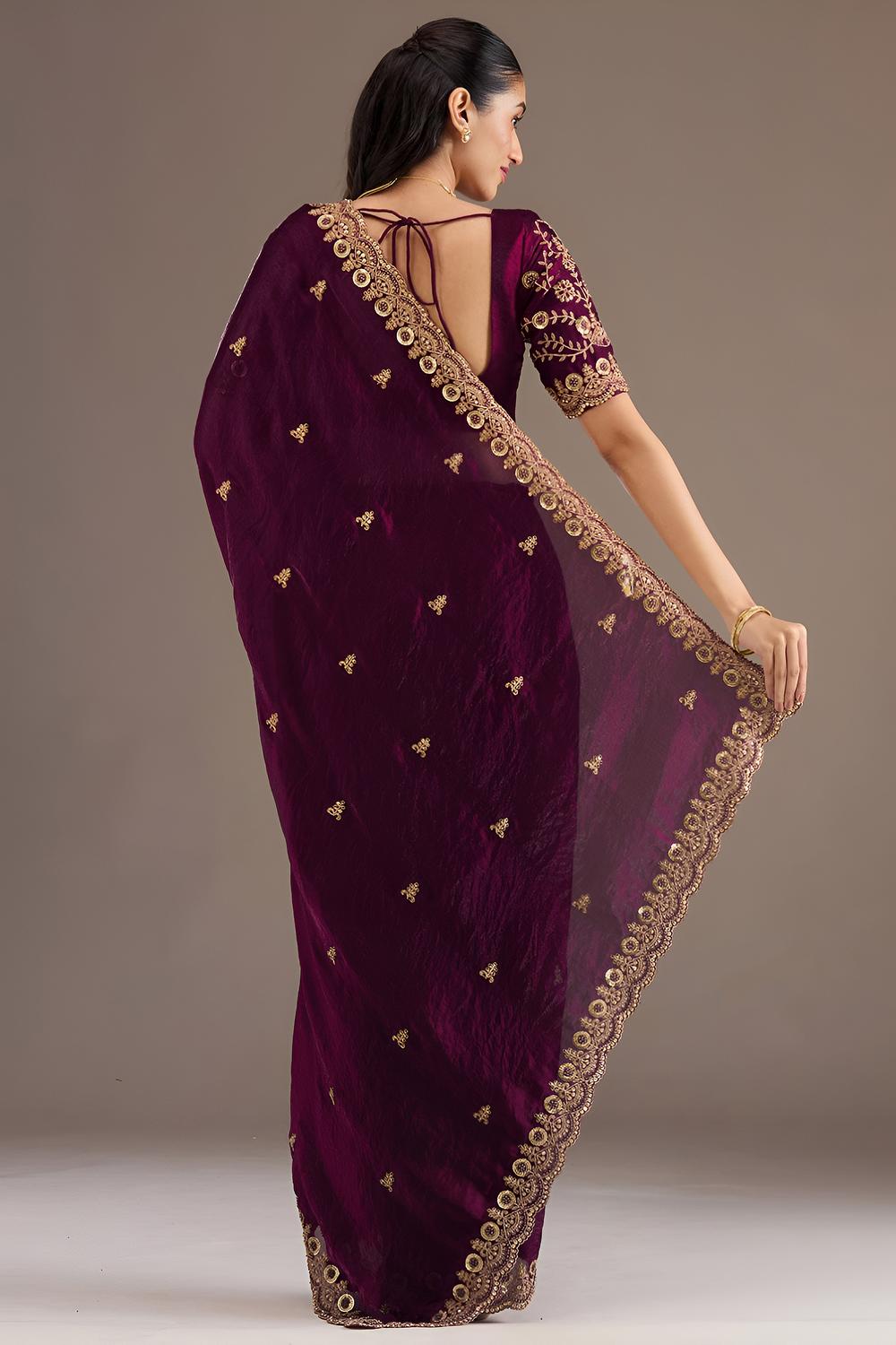 Mumtaz Wine Tissue Gold Embroidered Ready to Wear Saree